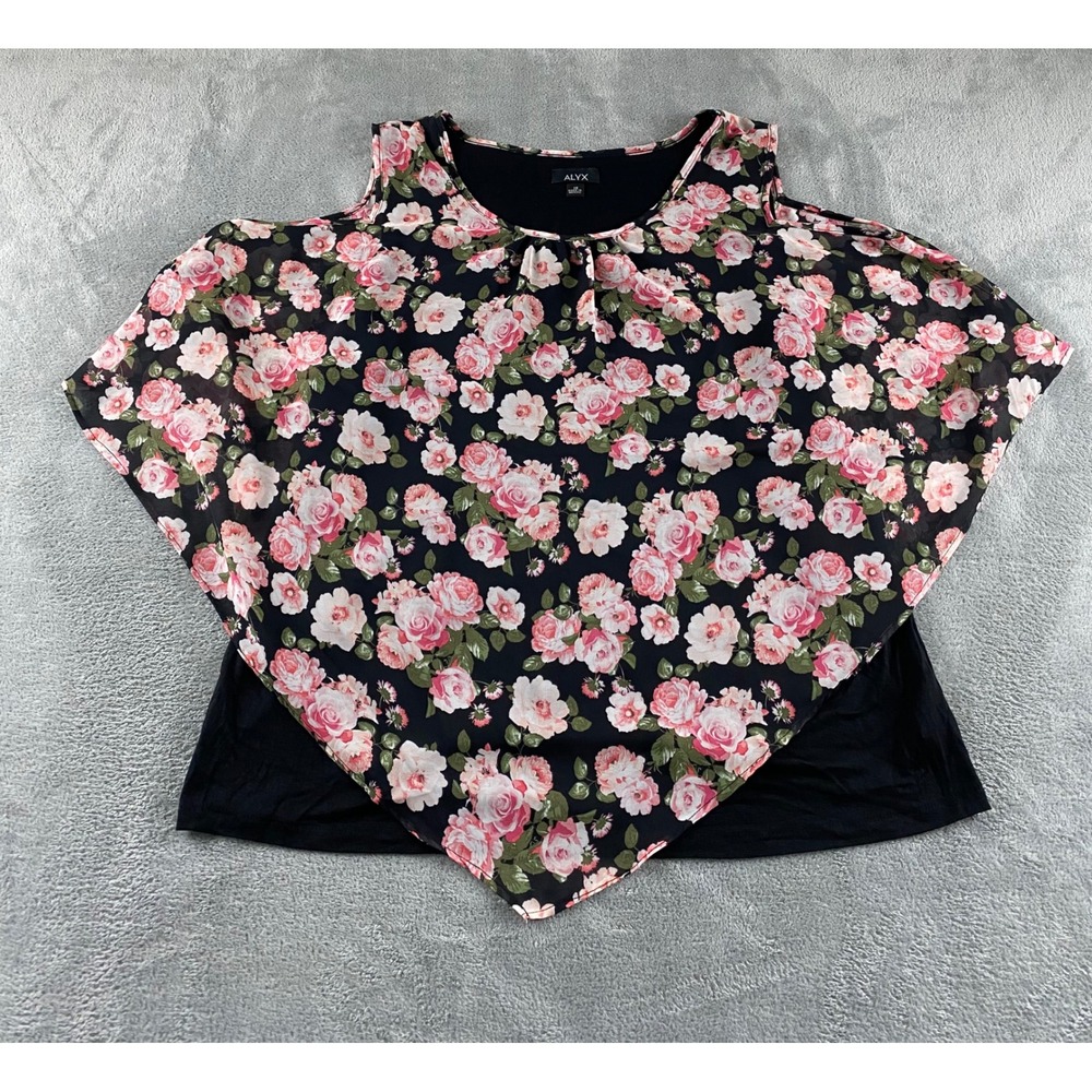 Alyx Womens 1X Cold Shoulder Floral Chiffon Layered Tank Top Black Pink Rose